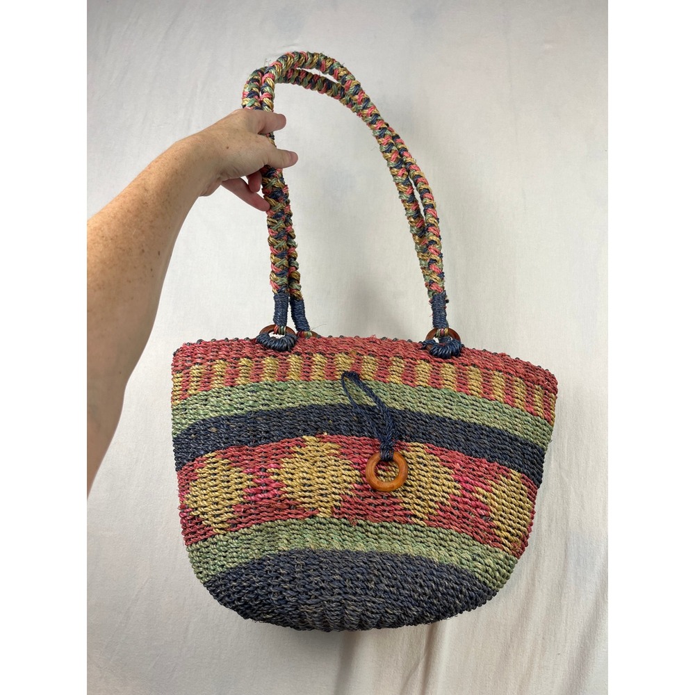 Hastings & Smith Woven Straw Tote Bag Multi Color Striped Boho Beach Bag